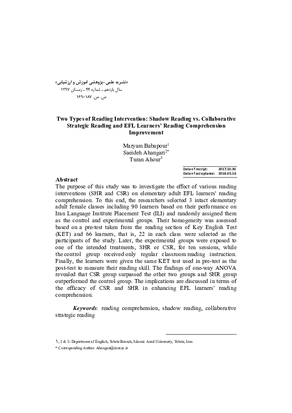 (PDF) Two Types of Reading Intervention : Shadow Reading vs ...