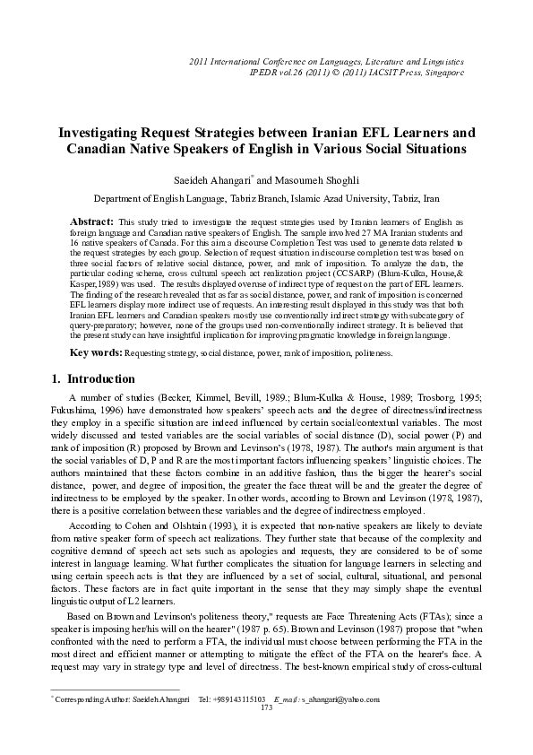 (PDF) Investigating Request Strategies between Iranian EFL Learners and ...