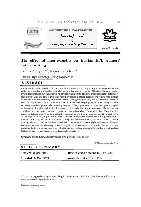 (PDF) The effect of intertextuality on Iranian EFL learners' critical ...