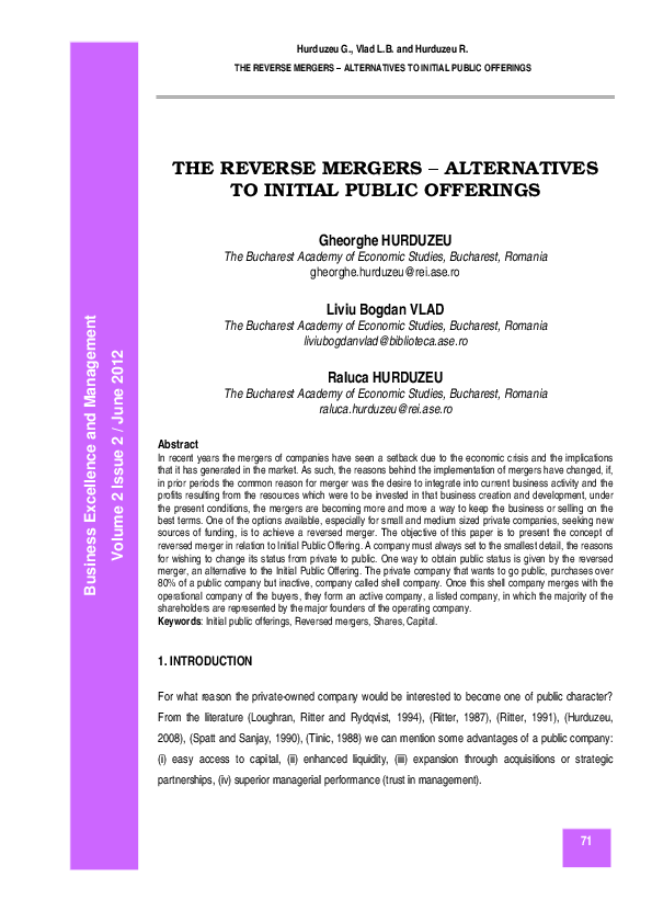 (PDF) The Reverse Mergers Alternatives to Initial Public Offerings