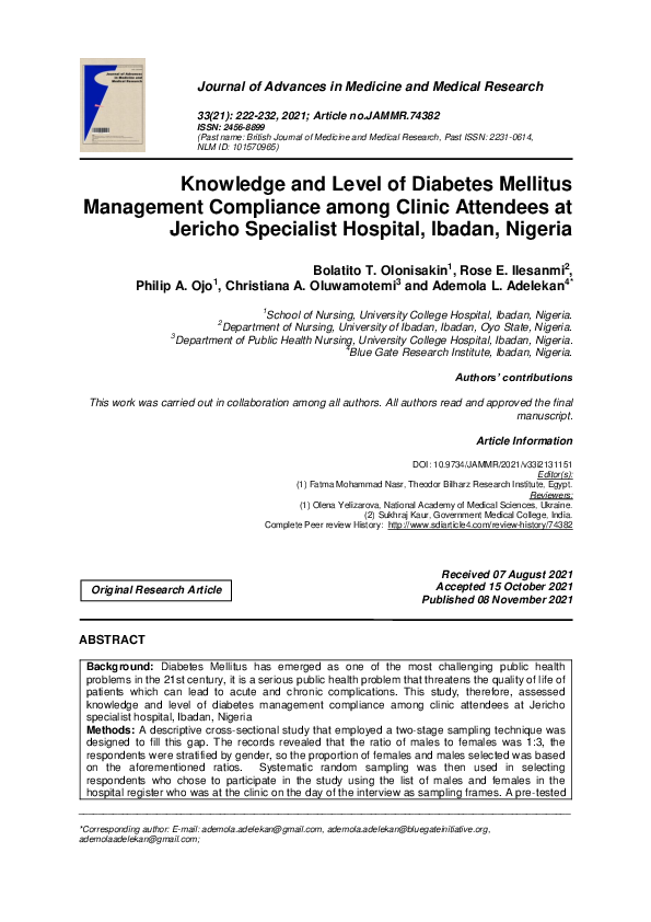 (PDF) Knowledge and Level of Diabetes Mellitus Management Compliance ...