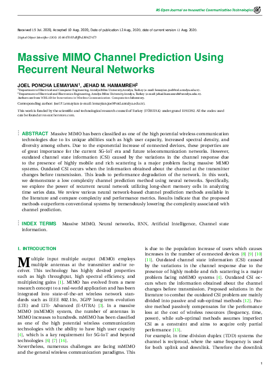 (PDF) Massive MIMO Channel Prediction Using Recurrent Neural Networks