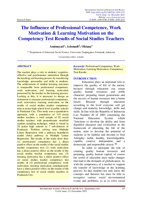 (PDF) The Influence of Professional Competence, Work Motivation ...