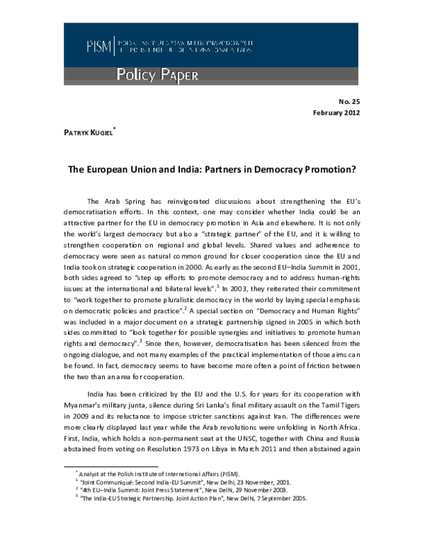 (PDF) The European Union and India: Partners in Democracy Promotion?