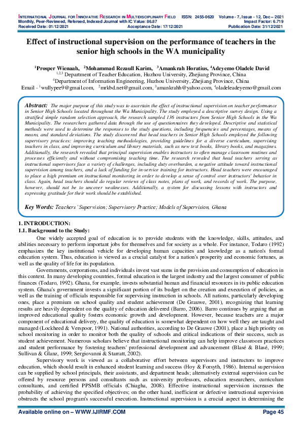 (PDF) Effect of instructional supervision on the performance of ...