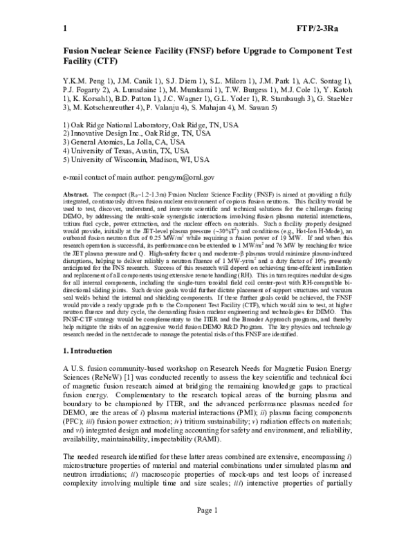 (PDF) Fusion Nuclear Science Facility (FNSF) before Upgrade to ...