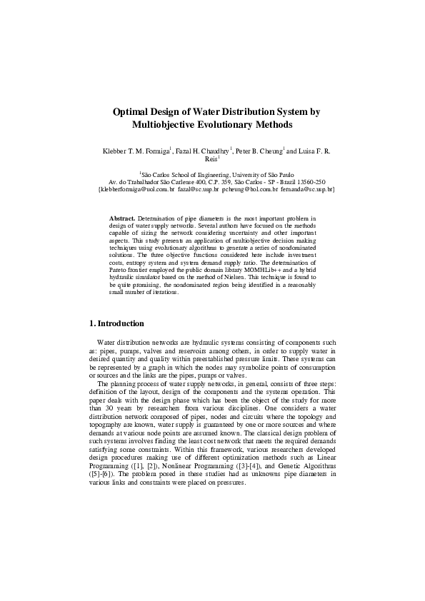 (PDF) Optimal design of water distribution system by multiobjective ...