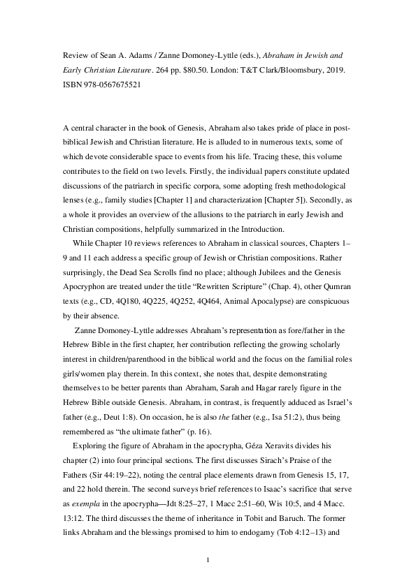(PDF) Review of Sean A. Adams / Zanne Domoney-Lyttle (eds.), Abraham in ...