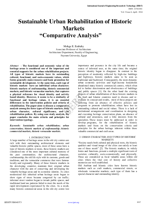 (PDF) Sustainable Urban Rehabilitation of Historic Markets "Comparative ...