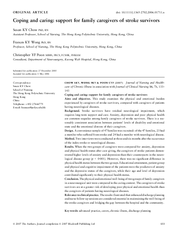 (PDF) Coping and caring: support for family caregivers of stroke survivors