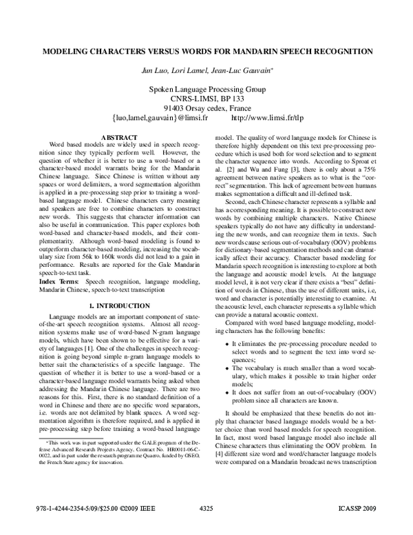 (PDF) Modeling characters versuswords for mandarin speech recognition