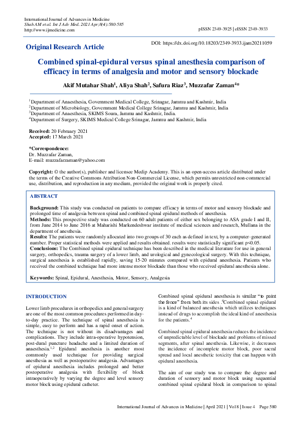 (PDF) Combined spinal‐epidural versus spinal anesthesia comparison of