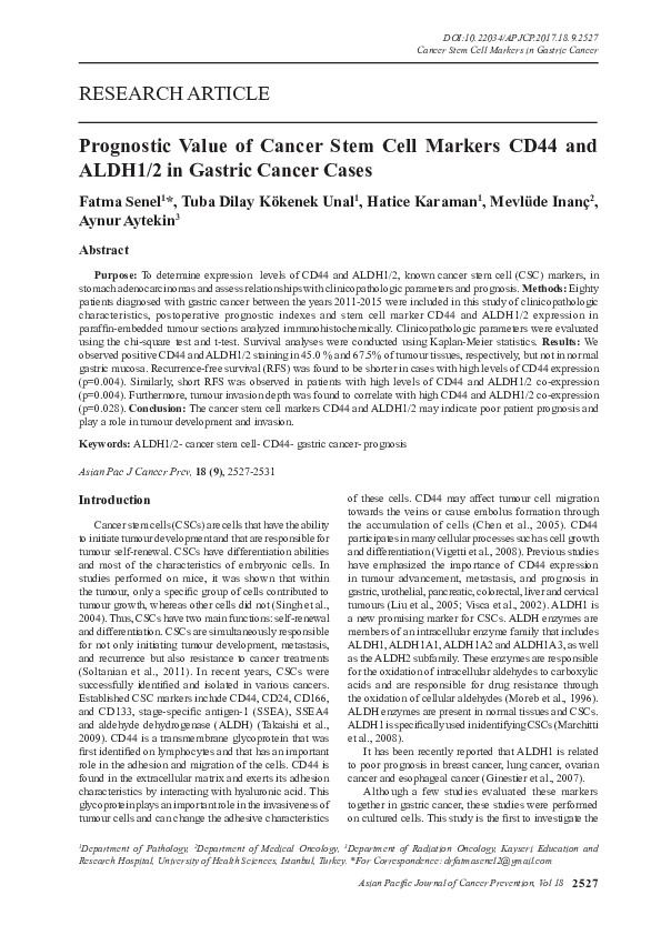 (PDF) Prognostic Value of Cancer Stem Cell Markers CD44 and ALDH1/2 in ...