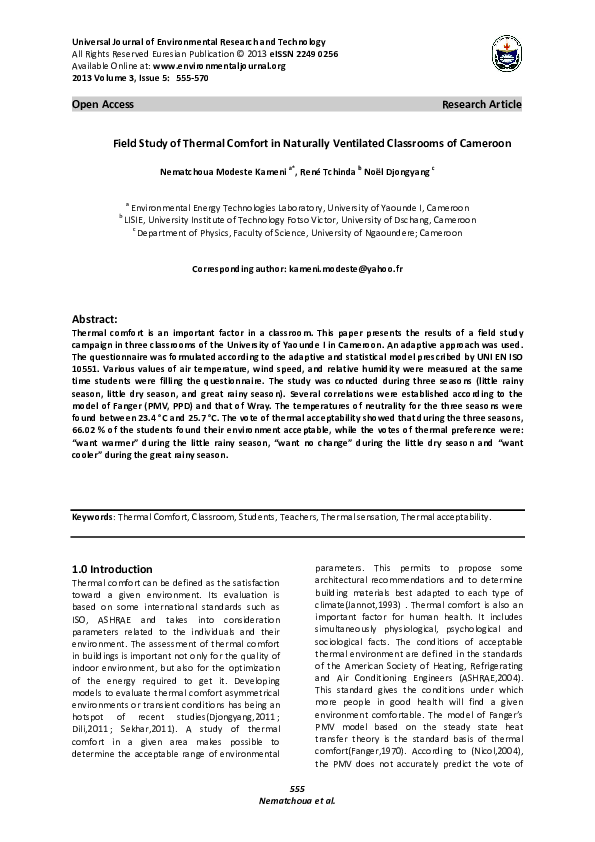 (PDF) Field Study of Thermal Comfort in Naturally Ventilated Classrooms ...