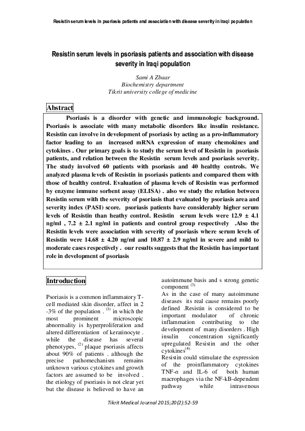 (PDF) Resistin serum levels in psoriasis patients and association with ...