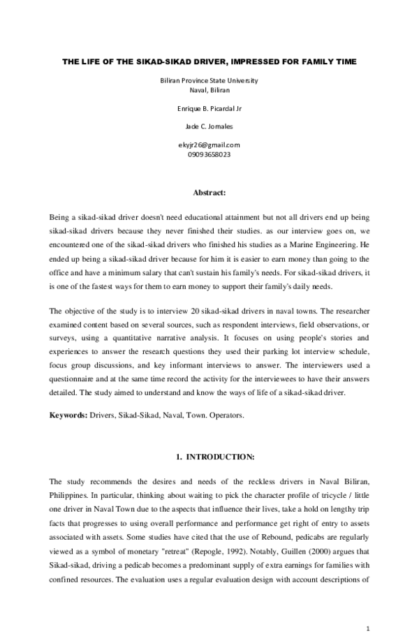 (PDF) THE LIFE OF THE SIKAD-SIKAD DRIVER, IMPRESSED FOR FAMILY TIME