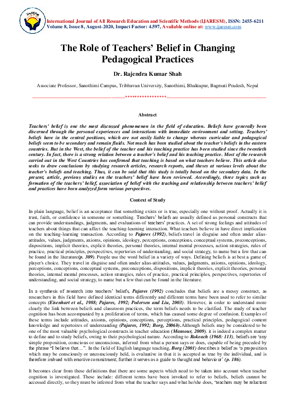 (PDF) The Role of Teachers' Belief in Changing Pedagogical Practices