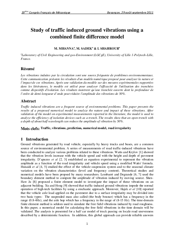 (PDF) Study of traffic induced ground vibrations using a combined ...