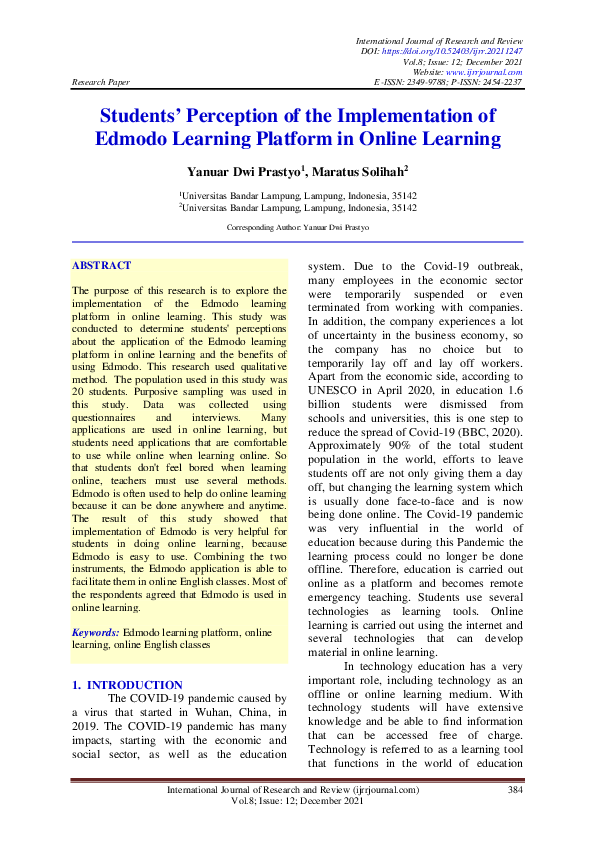 (PDF) Students' Perception of the Implementation of Edmodo Learning ...