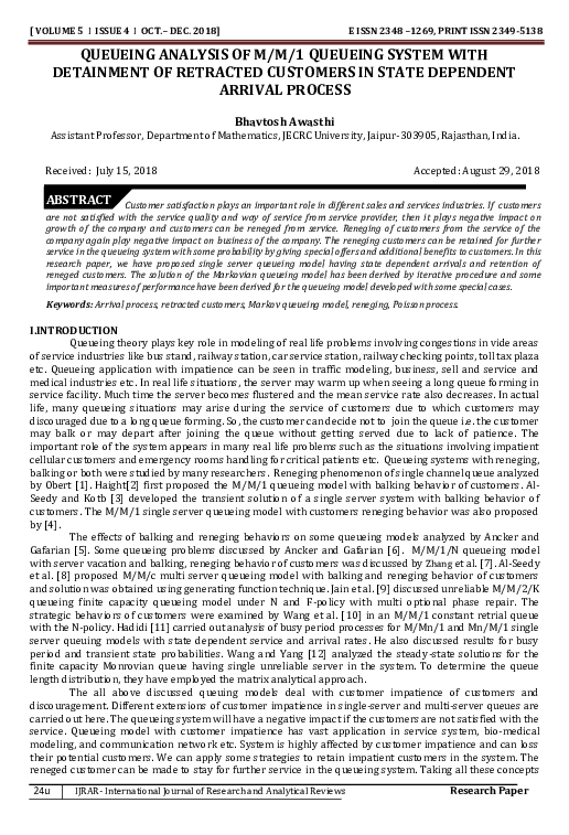 (PDF) Queueing Analysis of M / M / 1 Queueing System with Detainment of ...