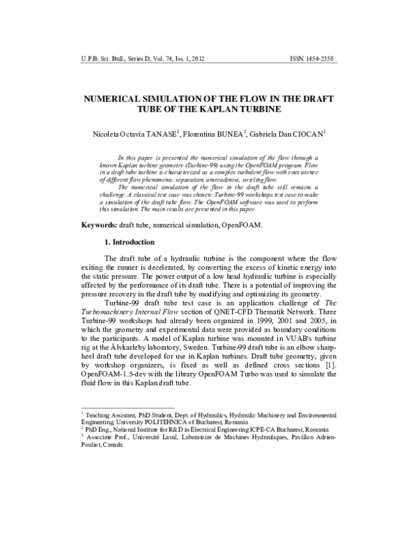 (PDF) Numerical Simulation of the Flow in the Draft Tube of the Kaplan ...
