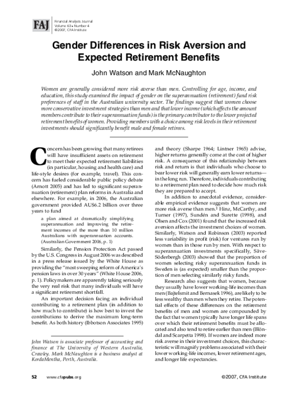 (PDF) Gender differences in risk aversion and expected retirement benefits
