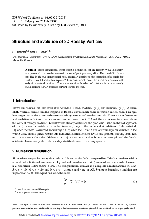 (PDF) Structure and evolution of 3D Rossby Vortices