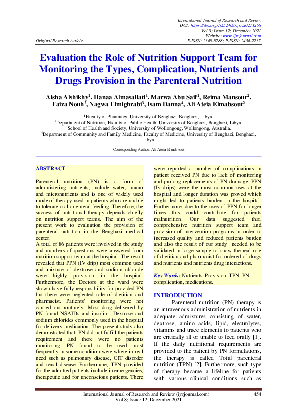 (PDF) Evaluation the Role of Nutrition Support Team for Monitoring the ...