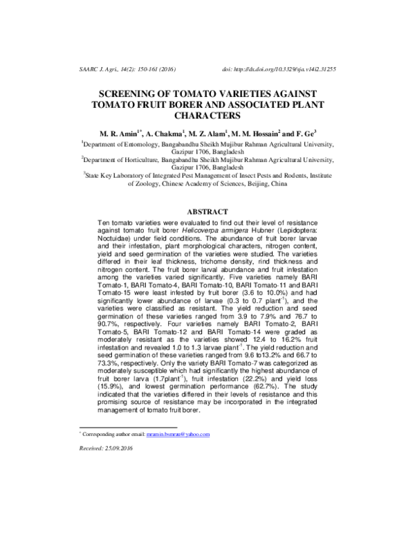 (PDF) Screening of tomato varieties against tomato fruit borer and