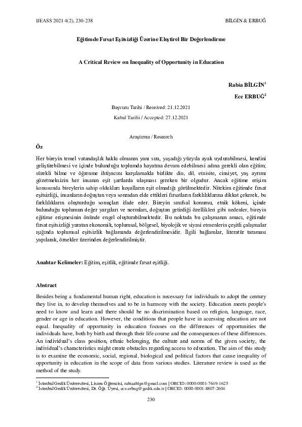 PDF) Eğitimde Fırsat Eşitsizliği Üzerine Eleştirel Bir Değerlendirme A