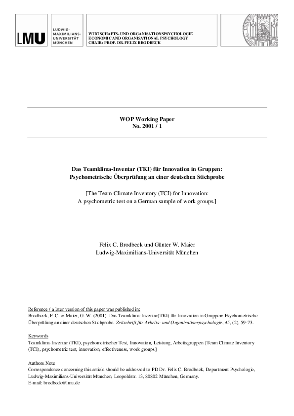(PDF) Das Teamklima-Inventar (TKI) für Innovation in Gruppen