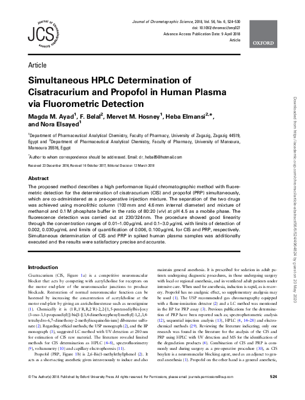 (PDF) Simultaneous HPLC Determination of Cisatracurium and Propofol in