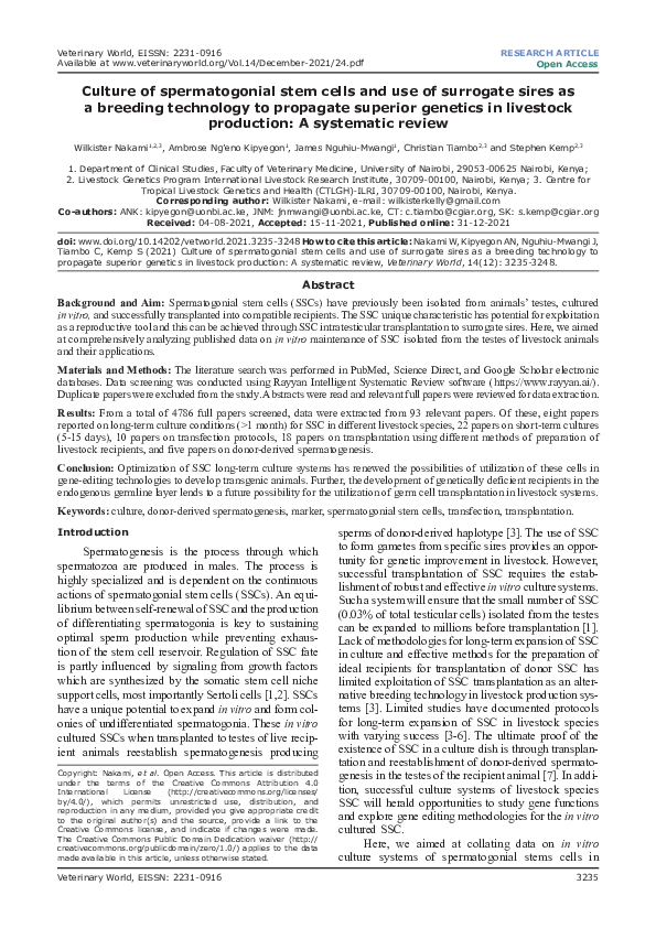 (PDF) Culture of spermatogonial stem cells and use of surrogate sires ...