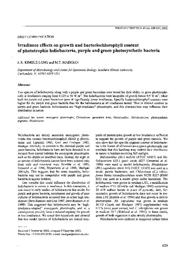 (PDF) Irradiance Effects on Growth and Bacteriochlorophyll Content of ...