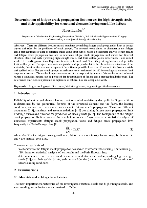 (PDF) Determination of fatigue crack propagation limit curves for high ...