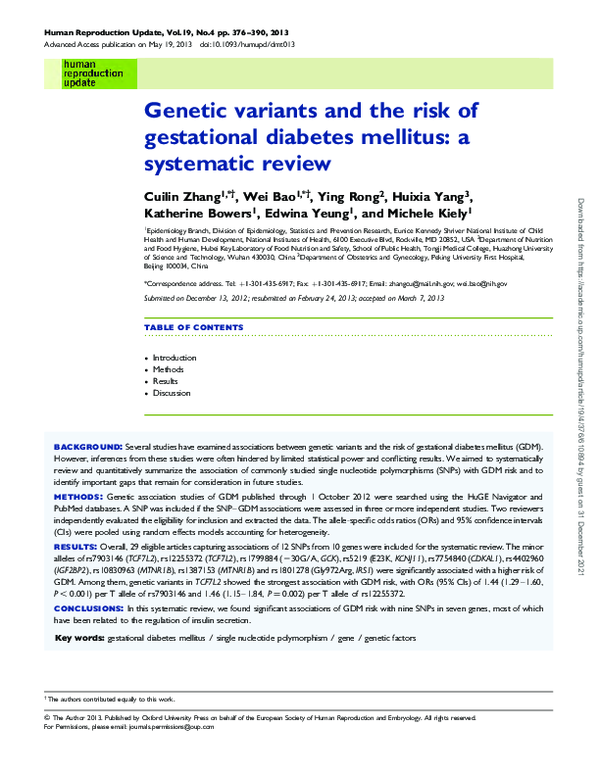 (PDF) Genetic variants and the risk of gestational diabetes mellitus: a ...
