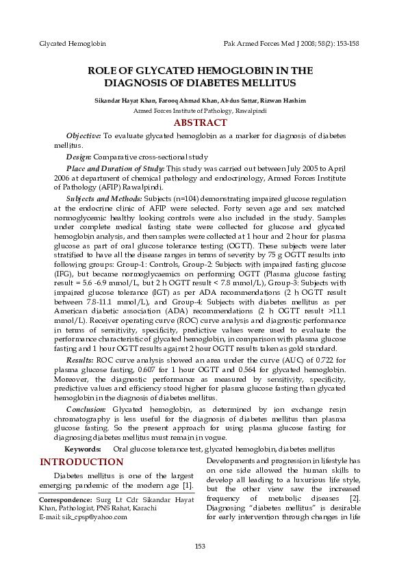 (PDF) Role of Glycated Hemoglobin in the Diagnosis of Diabetes Mellitus