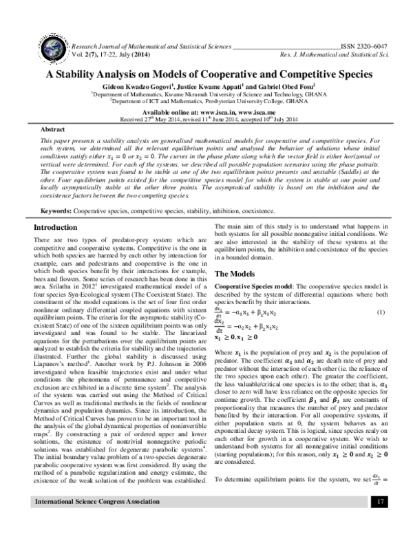 (PDF) A Stability Analysis on Models of Cooperative and Competitive Species