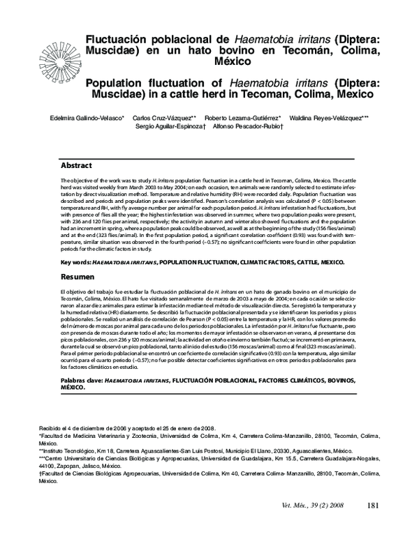 (PDF) Fluctuación poblacional de Haematobia irritans (Diptera: Muscidae