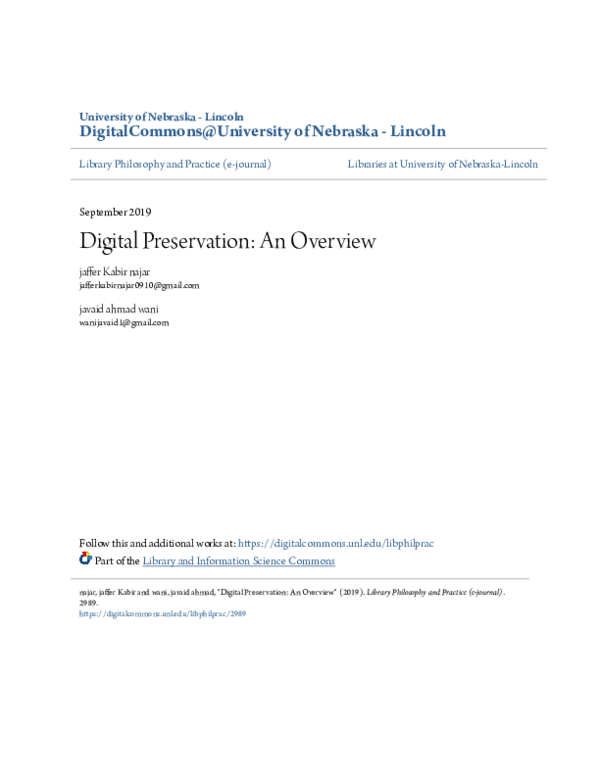 Pdf Digital Preservation An Overview