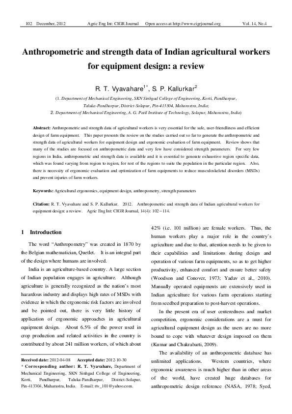 (PDF) Anthropometric and Strength Data of Indian Agricultural Workers ...