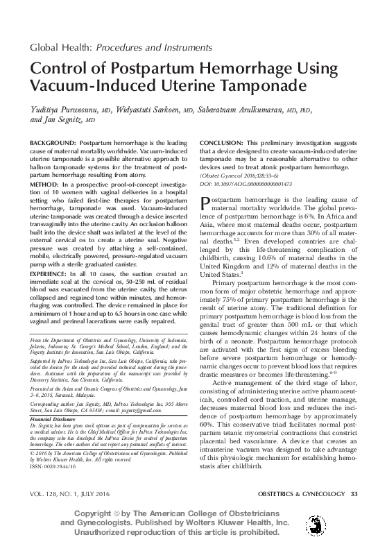 (PDF) Control of Postpartum Hemorrhage Using VacuumInduced Uterine