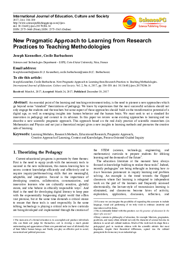 (PDF) New Pragmatic Approach to Learning from Research Practices to ...