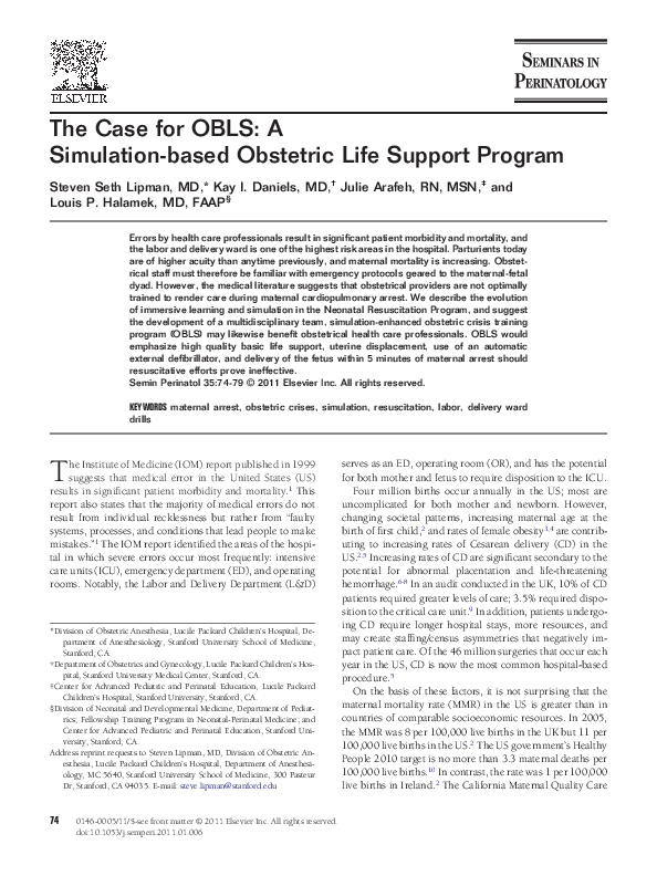 (PDF) The Case for OBLS: A Simulation-based Obstetric Life Support Program