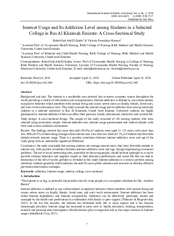 (PDF) Internet Usage and Its Addiction Level among Students in a ...