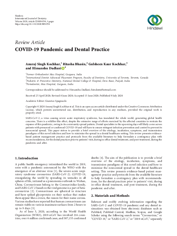 (PDF) COVID-19 Pandemic and Dental Practice