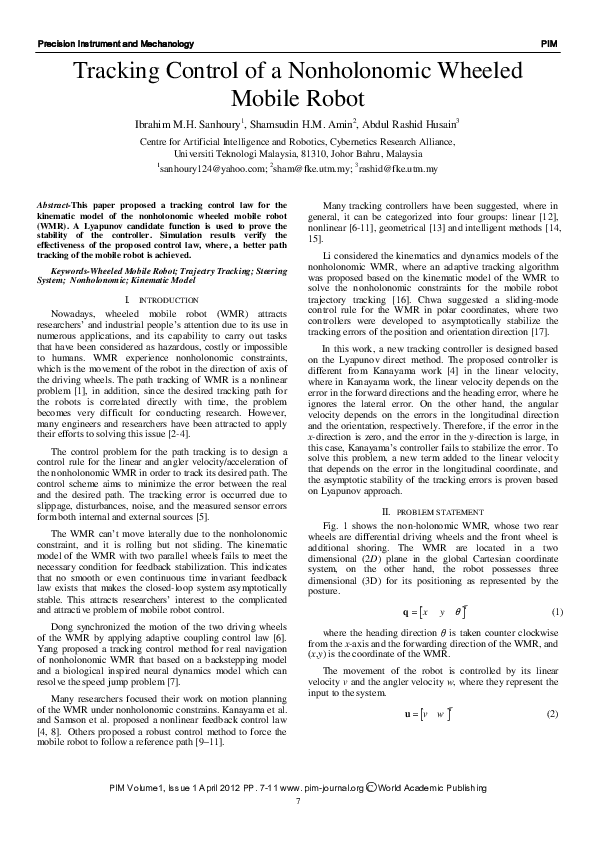 (PDF) Tracking Control of a Nonholonomic Wheeled Mobile Robot