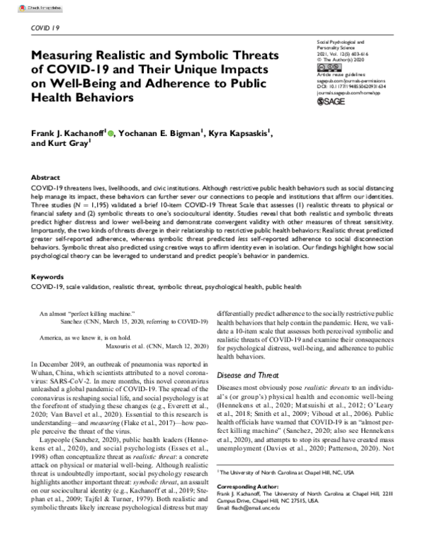 (PDF) Measuring Realistic and Symbolic Threats of COVID-19 and Their ...