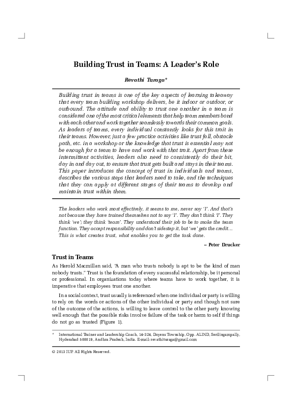 (PDF) Building Trust in Teams: A Leader's Role