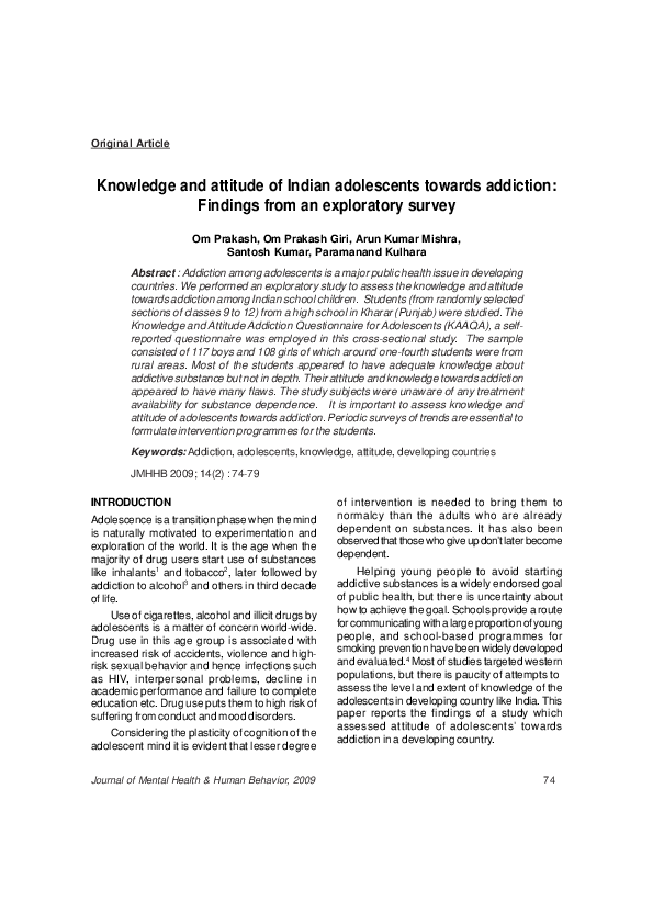 (PDF) Knowledge and Attitude of Indian Adolescents Towards Addiction ...